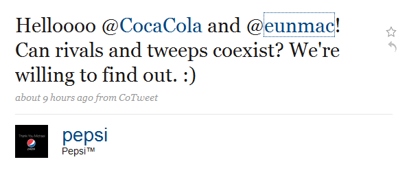 pepsisayshitocoke @Pepsi Says Hi To @CocaCola